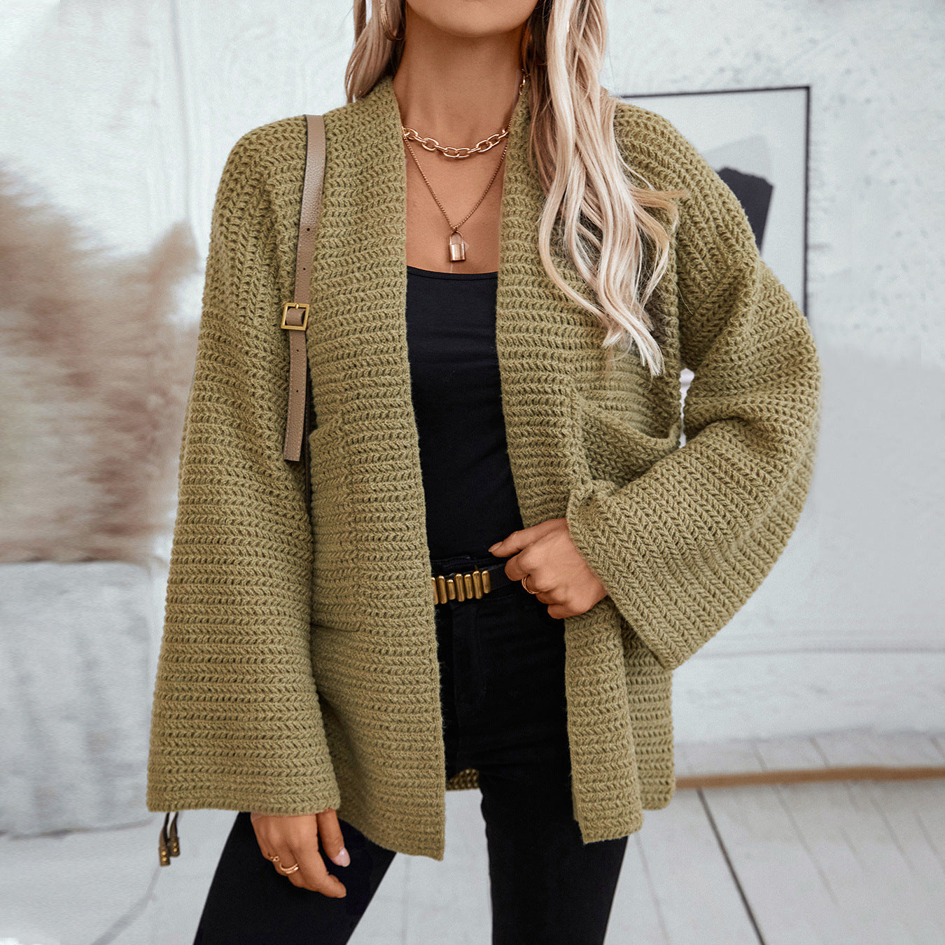 Damen luftige Strickjacke mit großen Taschen und offenen Ärmeln Sovae