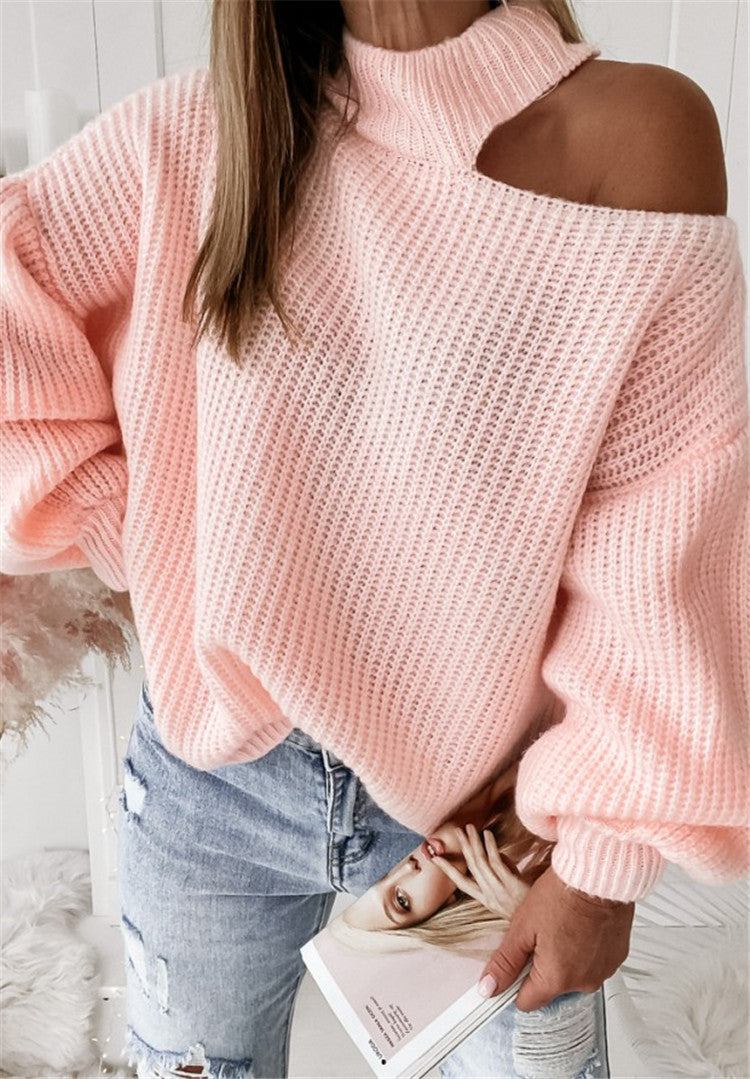 Damen lässiger Strickpullover mit asymmetrischem Schulterdesign und hohem Kragen Sovae
