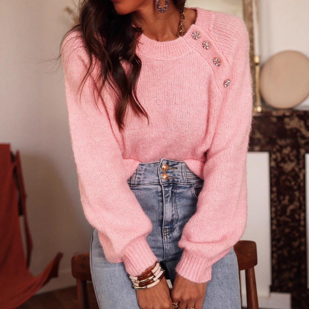 Damen elegant oversize Pullover mit Strassdetails Sovae