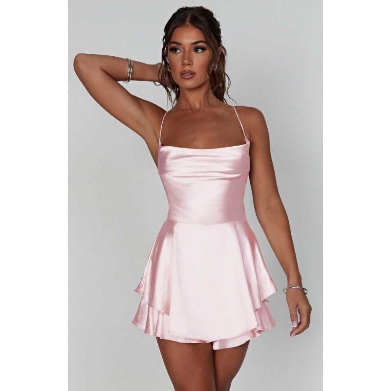 Damen Satin Minikleid mit schwingendem Rock Sovae