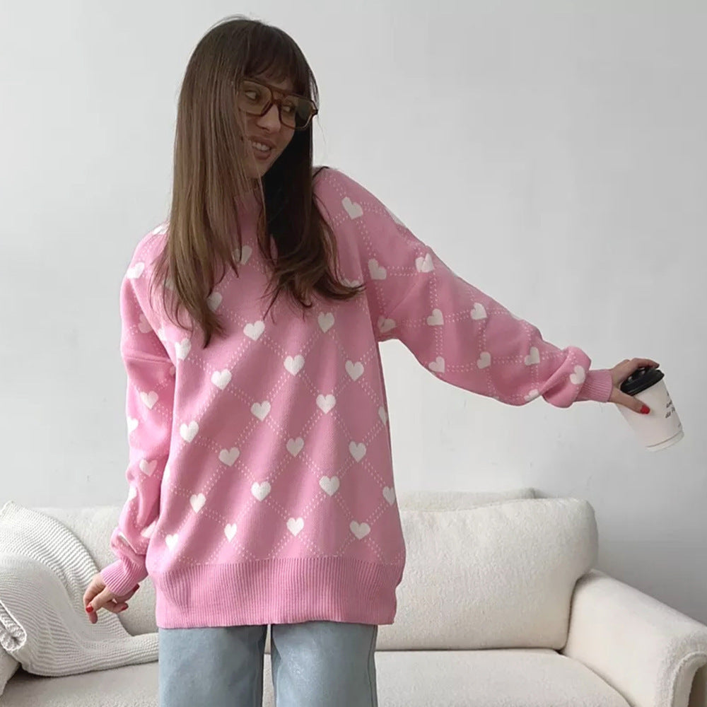 Damen Gemusterter Strickpullover mit Herzmotiv und lässigem Schnitt Sovae