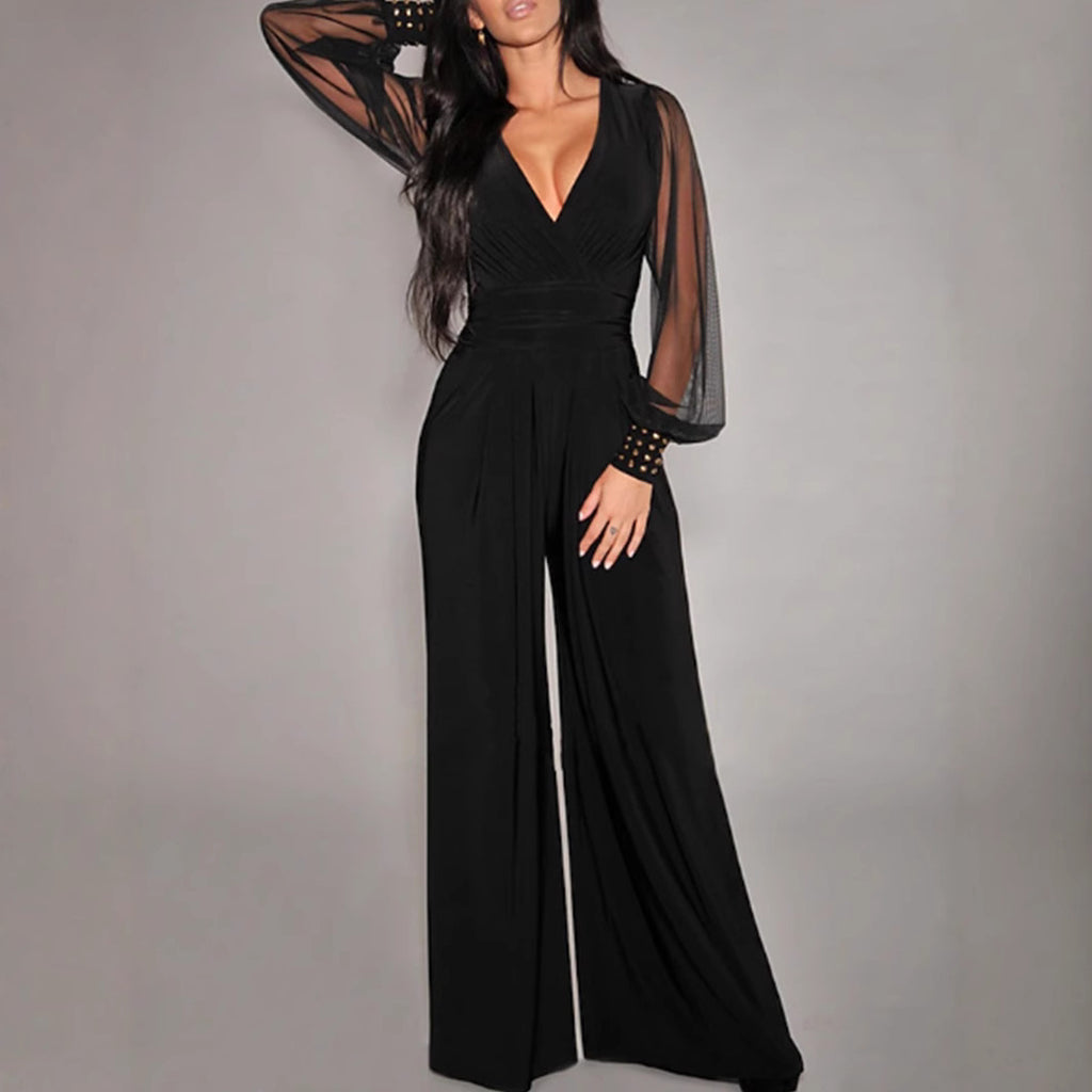 Damen Eleganter Jumpsuit mit transparenten Puffärmeln und modernem V-Ausschnitt Sovae