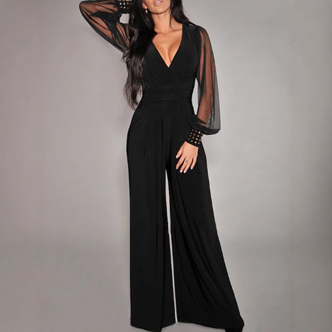 Damen Eleganter Jumpsuit mit transparenten Puffärmeln und modernem V-Ausschnitt Sovae