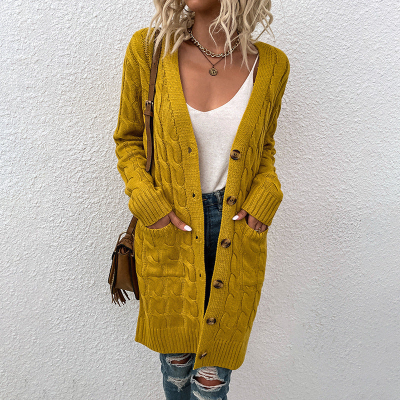 Damen Strickjacke mit tiefem V-Ausschnitt und elegantem Zopfmuster Sovae