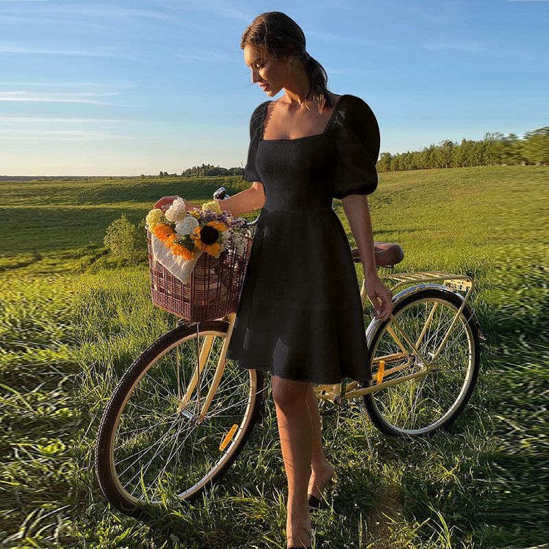 Damen Midikleid mit Puffärmeln und Quadrat-Ausschnitt Sovae