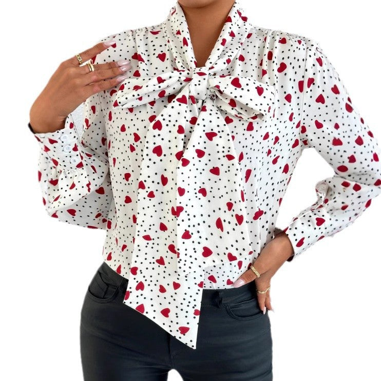 Damen Bluse mit Schleifenkragen und Herzmuster Sovae