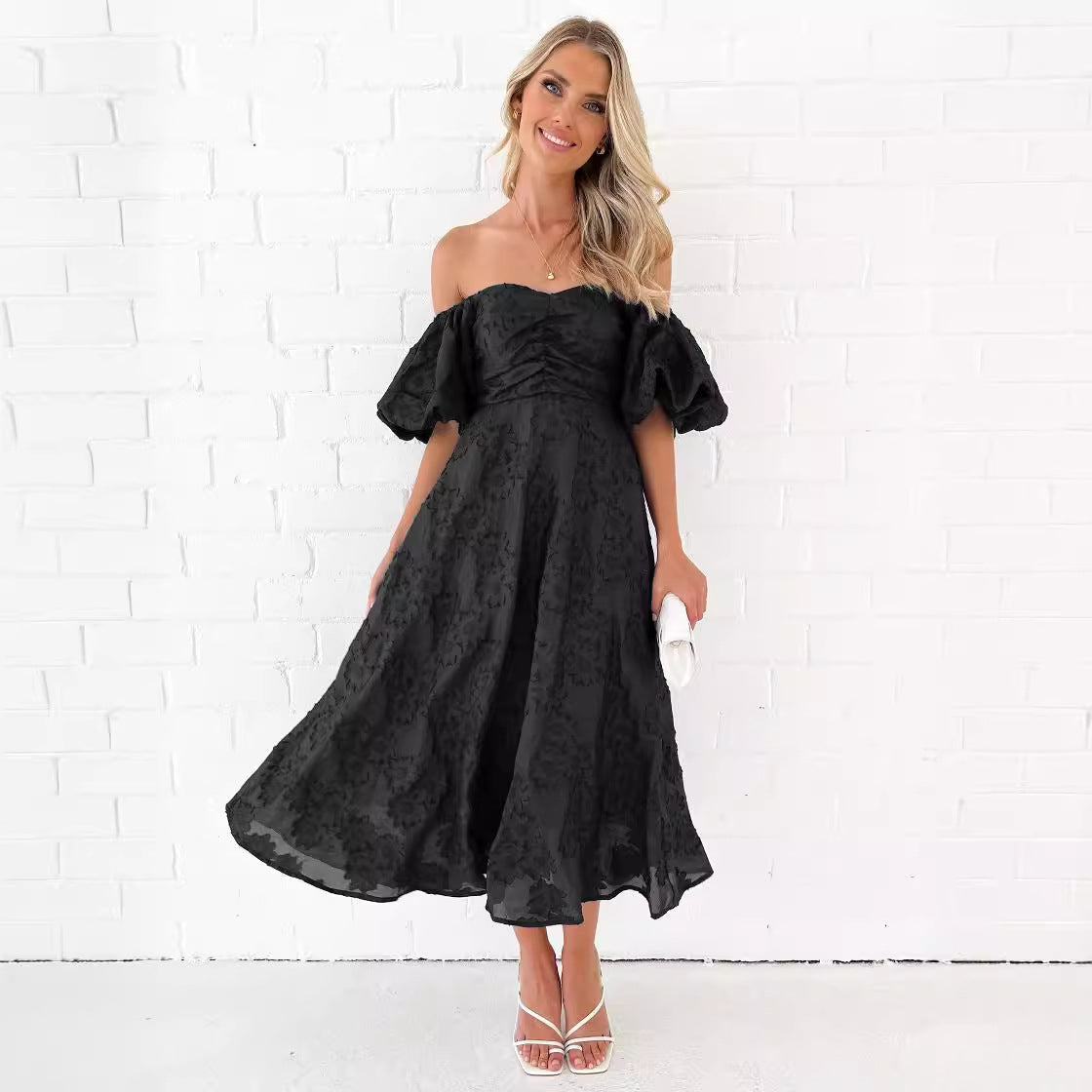 Damen Abendkleid mit Puffärmeln und floralem Jacquard-Muster Sovae