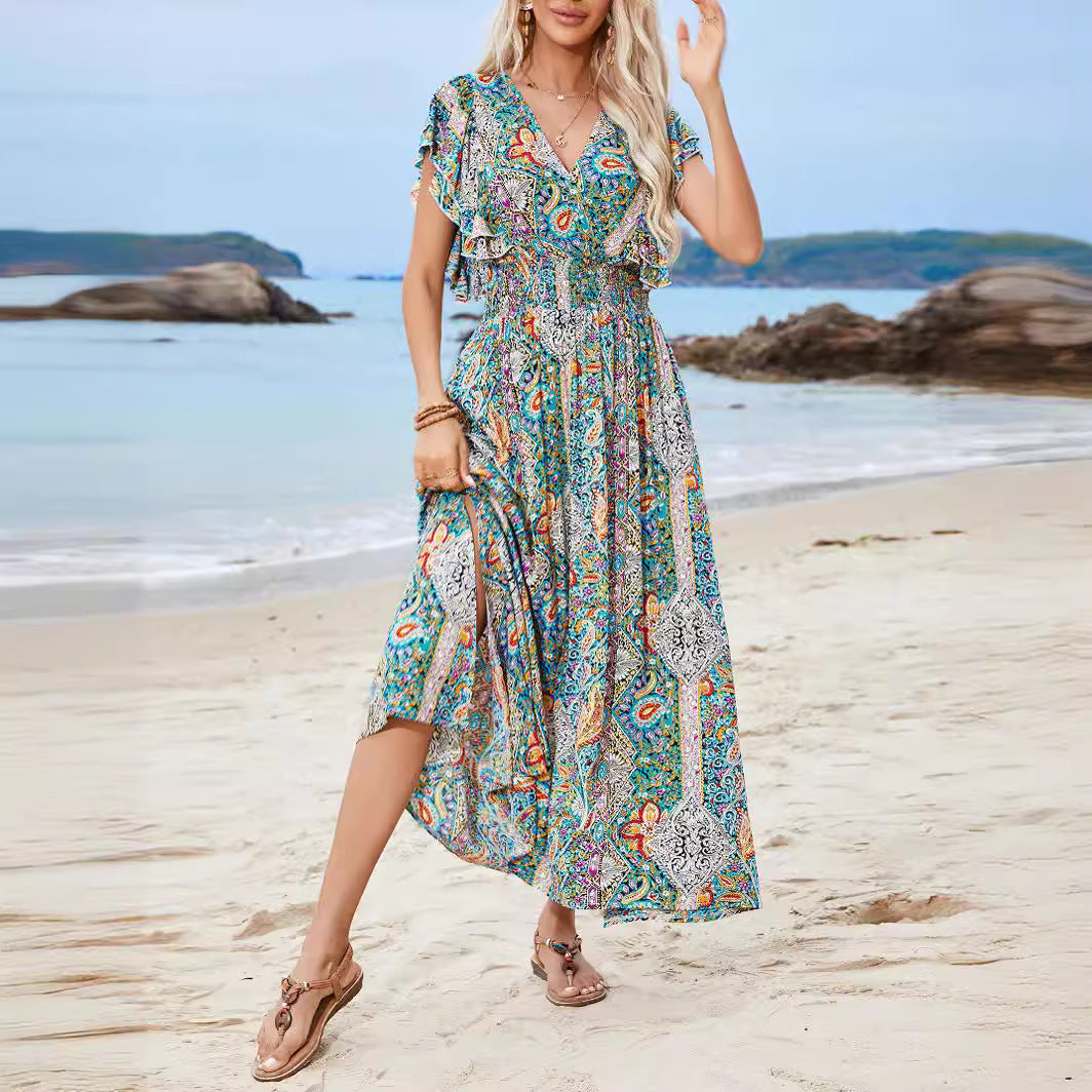 Damen Maxikleid mit verspieltem Mustermix und Rüschendetails Sovae