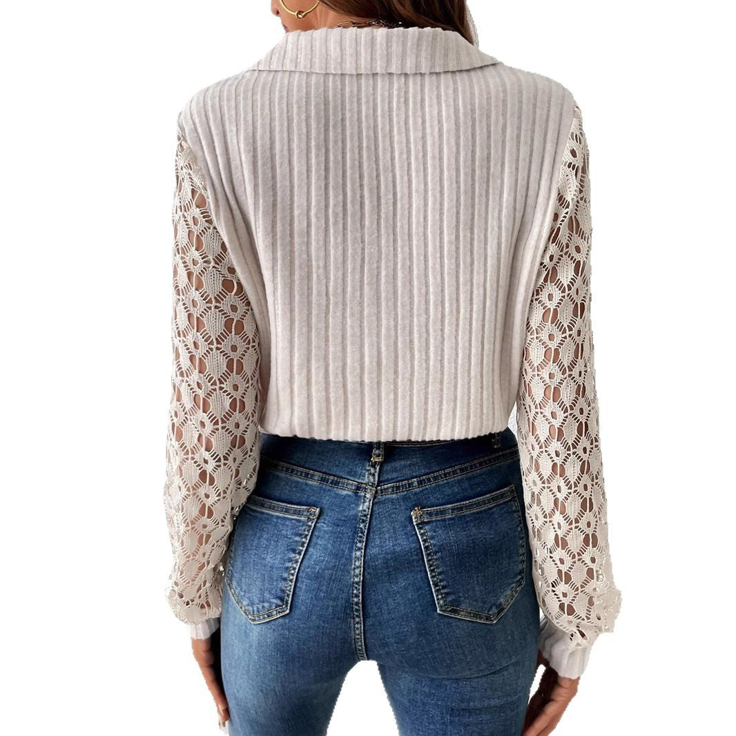 Damen Strickbluse mit Spitzenärmeln Sovae