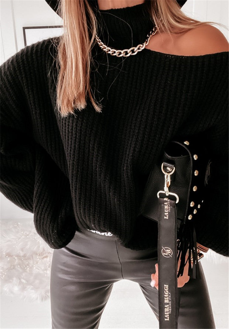 Damen lässiger Strickpullover mit asymmetrischem Schulterdesign und hohem Kragen Sovae
