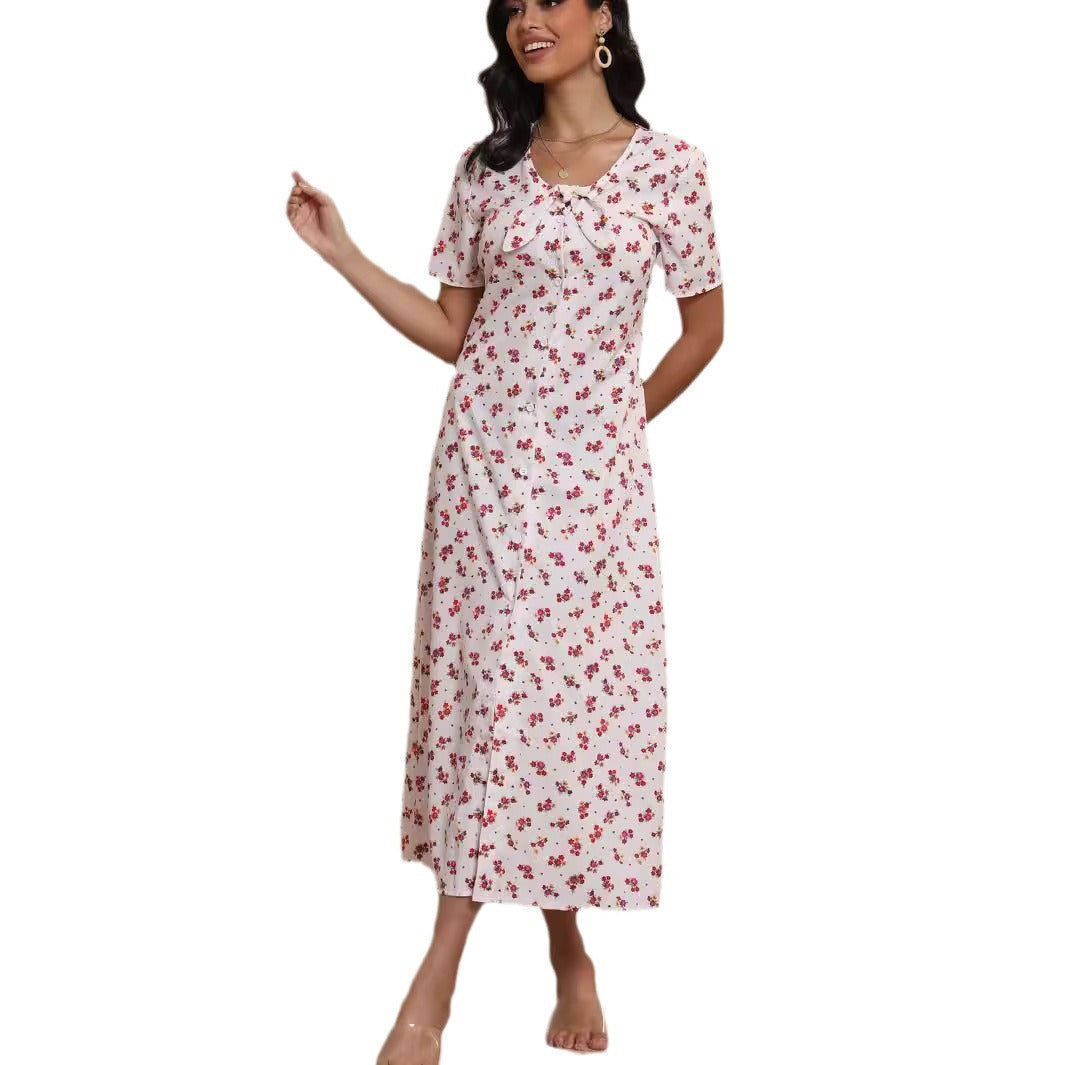 Damen Midi-Kleid mit floralem Muster und eleganter Schleife Sovae