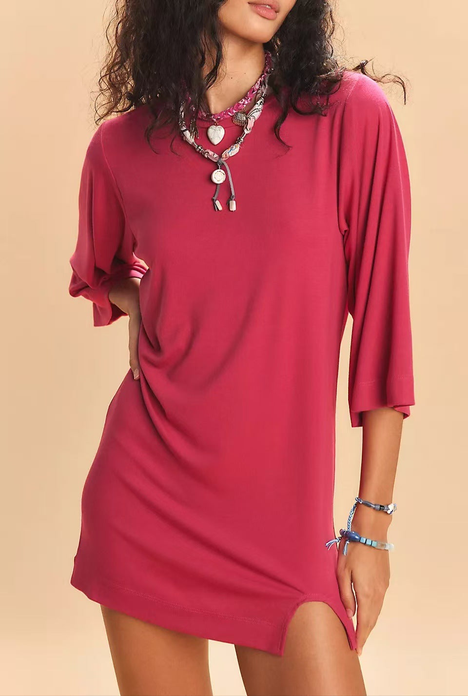 Damen legeres Minikleid mit weiten Ärmeln und seitlichem Schlitz Sovae