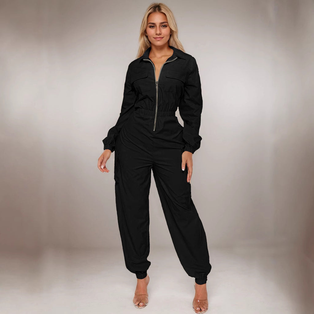 Damen Utility Jumpsuit mit Reißverschluss und Kordelzug Sovae