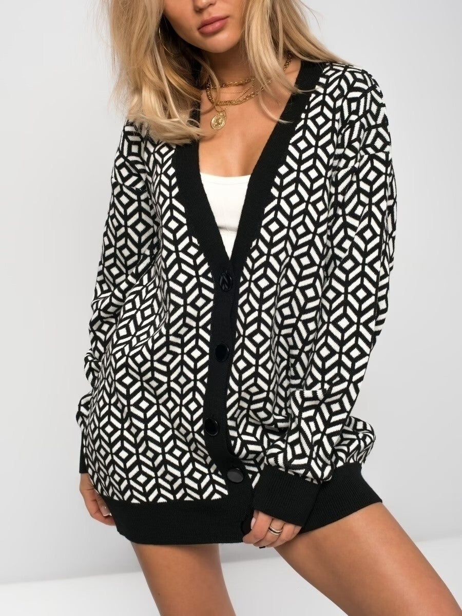 Damen Grober Strickjacke mit V-Ausschnitt und auffälligem Muster Sovae