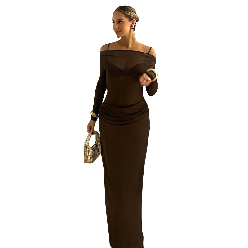 Damen Elegantes langes Kleid mit transparenten Einsätzen Sovae