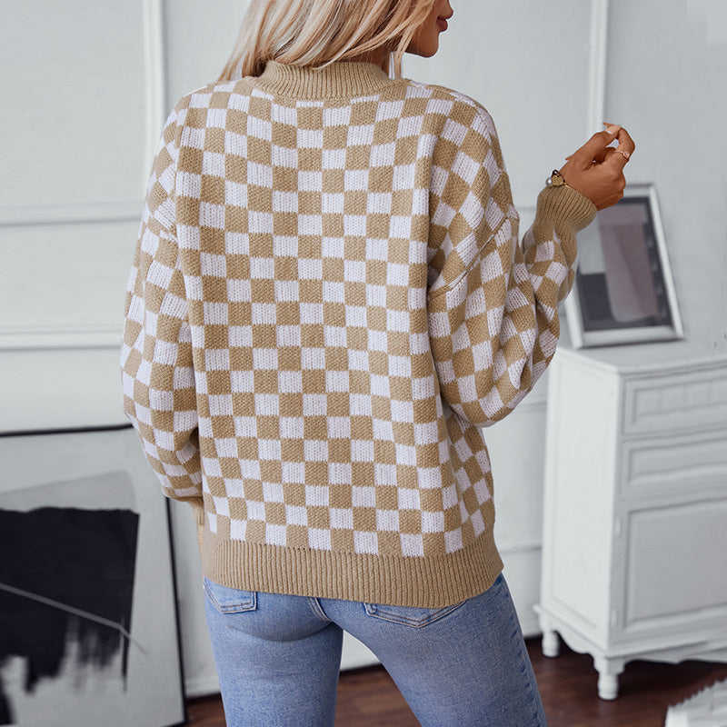 Damen lässiger V-Ausschnitt Pullover mit Karo-Muster und lockerer Passform Sovae