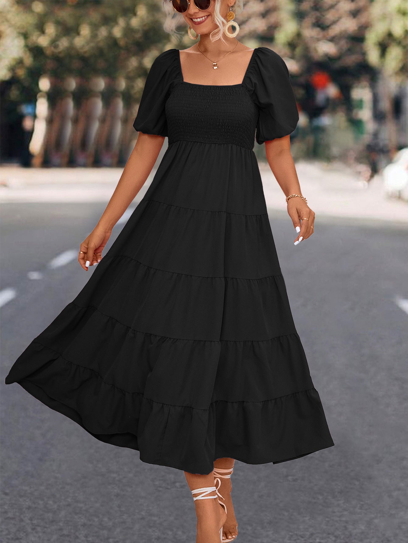 Damen Midi-Kleid mit elastischer Taillierung und voluminösen Puffärmeln Sovae