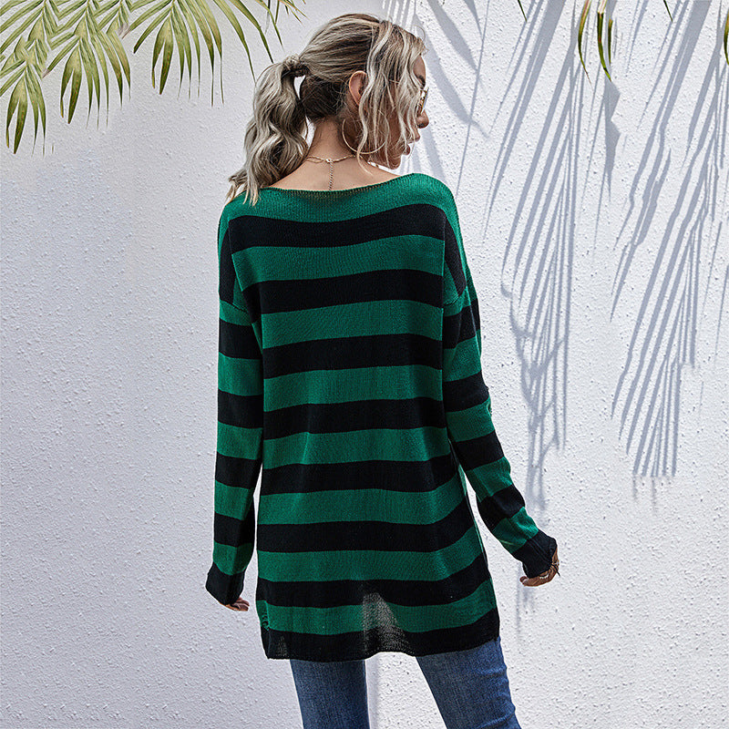 Damen gestreifter Oversized Pullover mit tiefem V-Ausschnitt und trendigen Cut-Outs Sovae