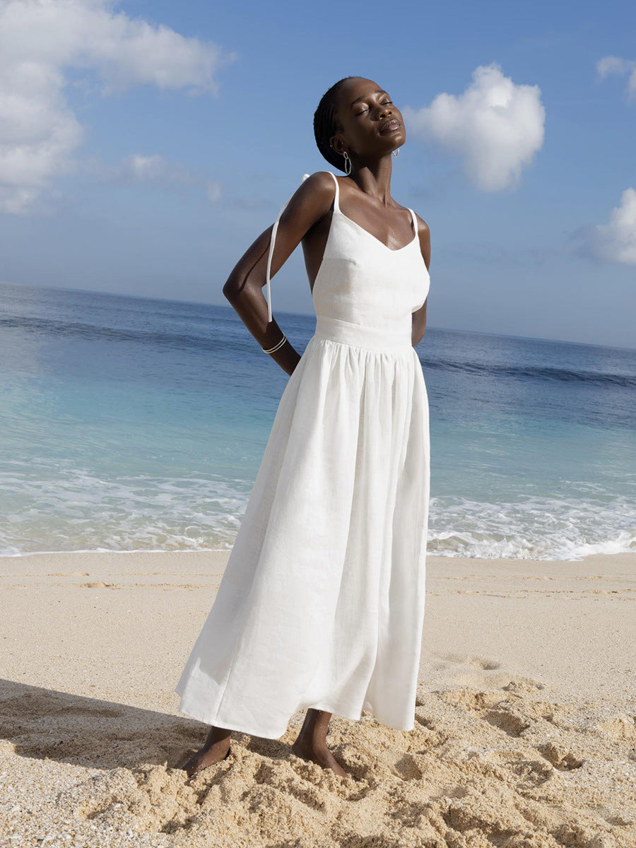 Damen Leinen Maxikleid mit verstellbaren Trägern und elegantem Schnitt Sovae