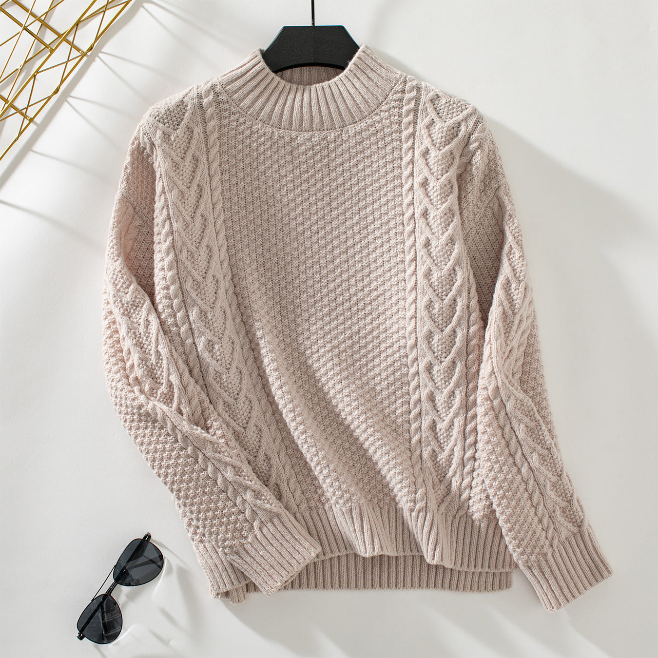 Damen Strickpulli mit auffälligem Zopfmuster und hohem Kragen Sovae