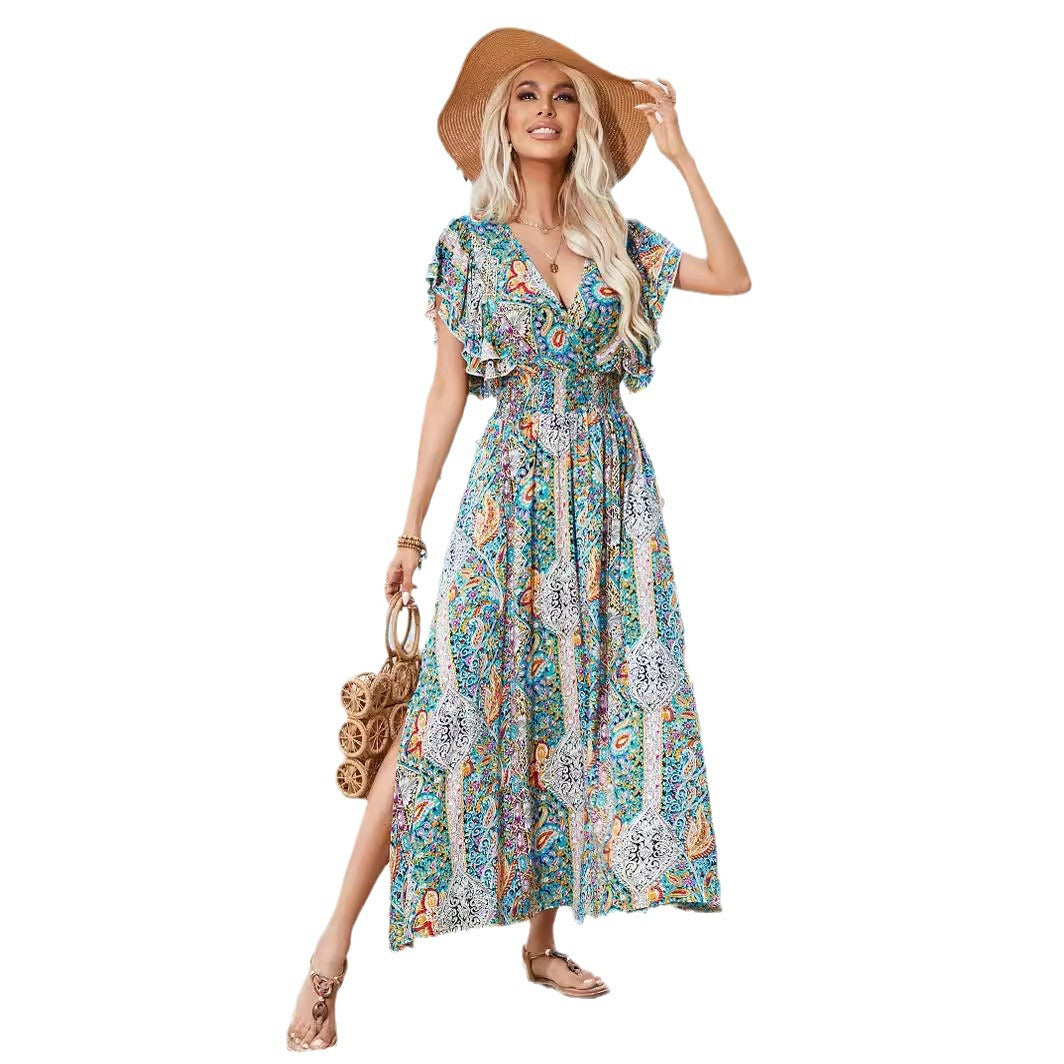 Damen Maxikleid mit verspieltem Mustermix und Rüschendetails Sovae