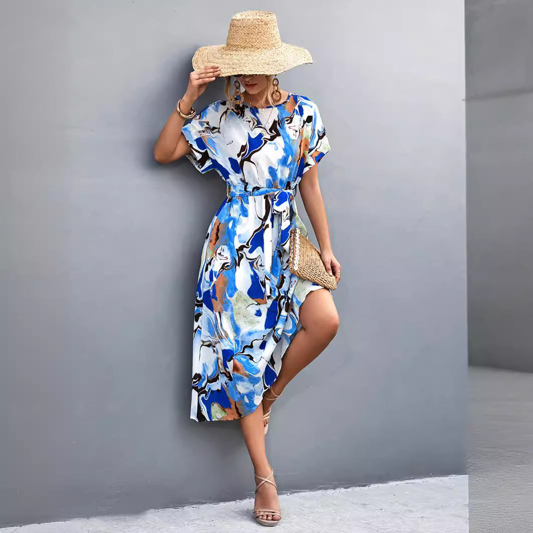 Damen Maxi-Kleid mit fließendem Schnitt und bindbarem Taillengürtel Sovae