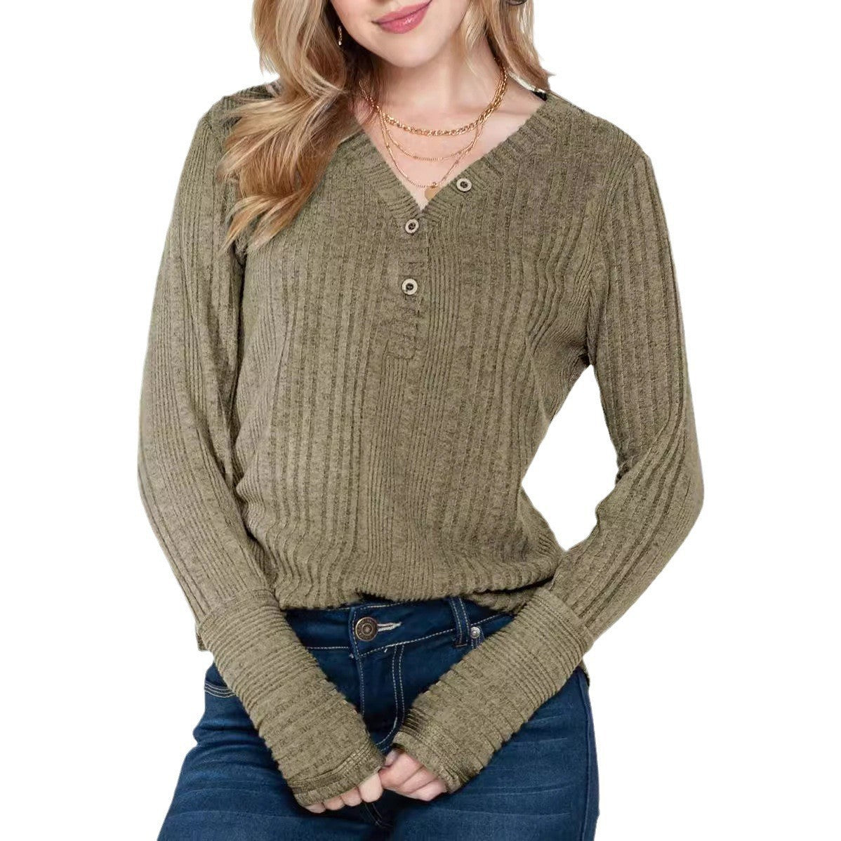 Damen lässiger Strickpullover mit Knopfdetails und gerafften Ärmeln Sovae