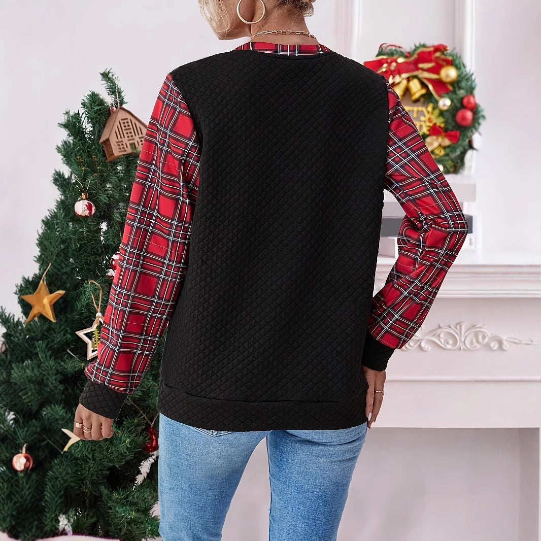 Damen modisches Langarmshirt mit Karomuster und Knopfdetail Sovae