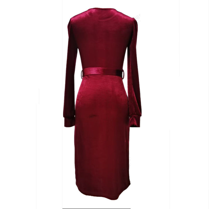 Damen Elegantes Samt-Midikleid mit Taillengürtel Sovae