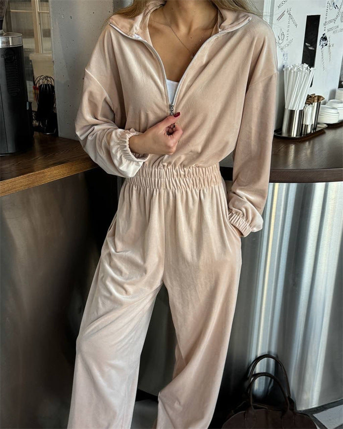Damen luxuriöser Velours-Jumpsuit mit hohem Kragen Sovae