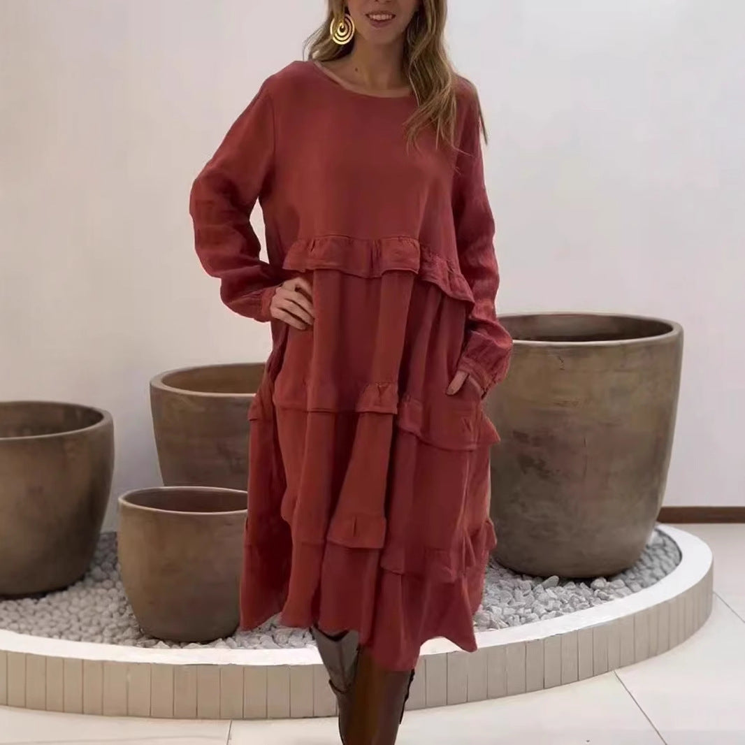 Damen luftiges Leinen-Midikleid mit Rüschendetails Sovae