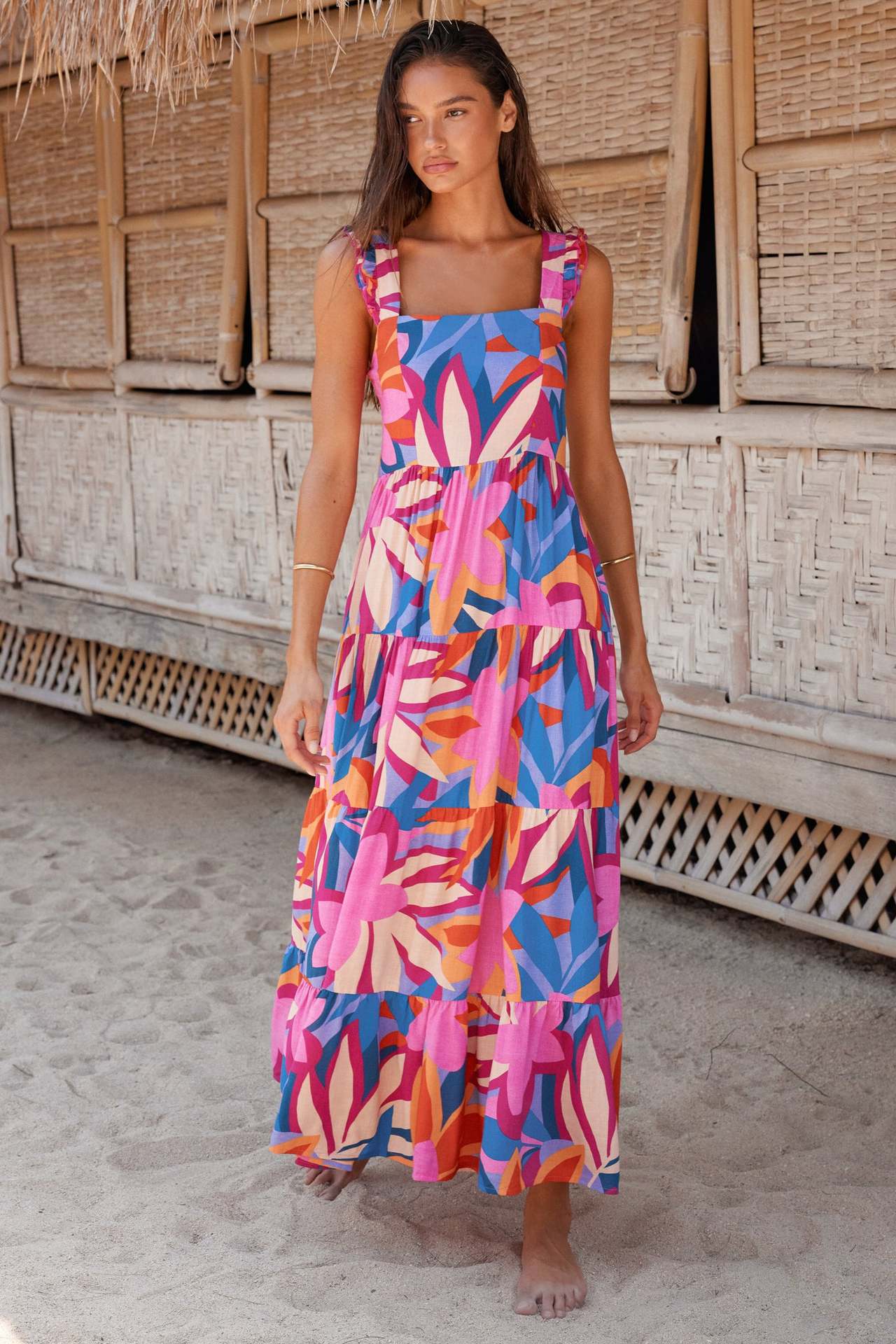 Damen luftiges Maxikleid mit buntem Blütenmuster und Rüschendetails Sovae