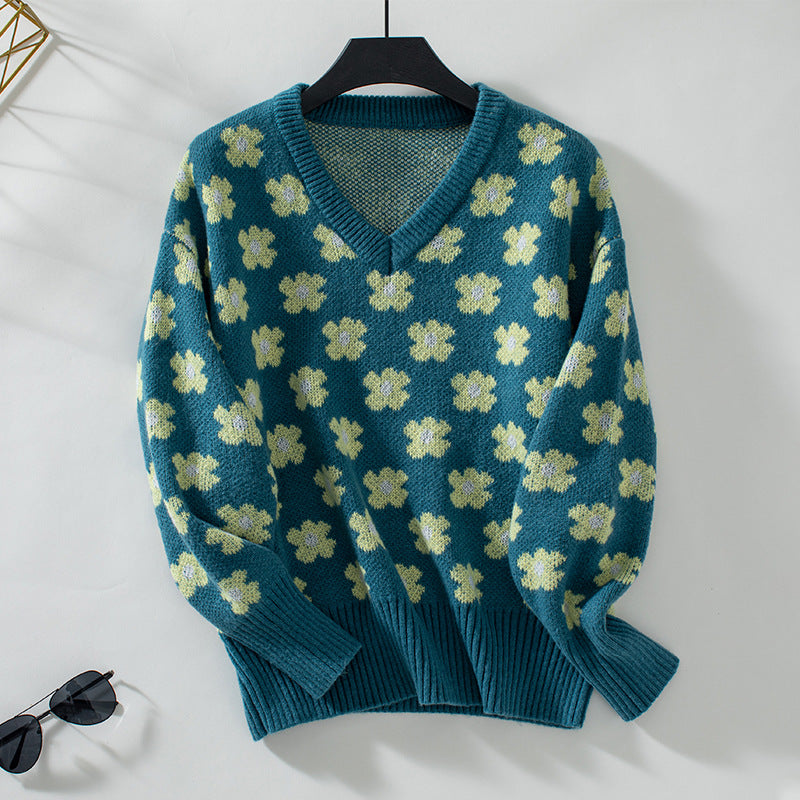 Damen Strickpullover mit floralem Muster und V-Ausschnitt Sovae