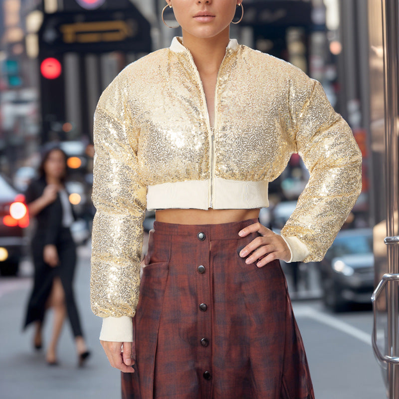 Damen glitzernde cropped Bomberjacke mit Reißverschluss Sovae