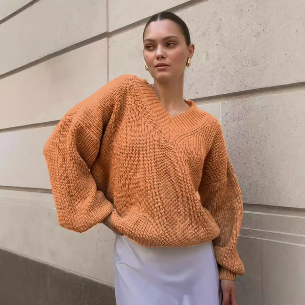Damen lässiger Pullover mit V-Ausschnitt und voluminösen Ärmeln Sovae