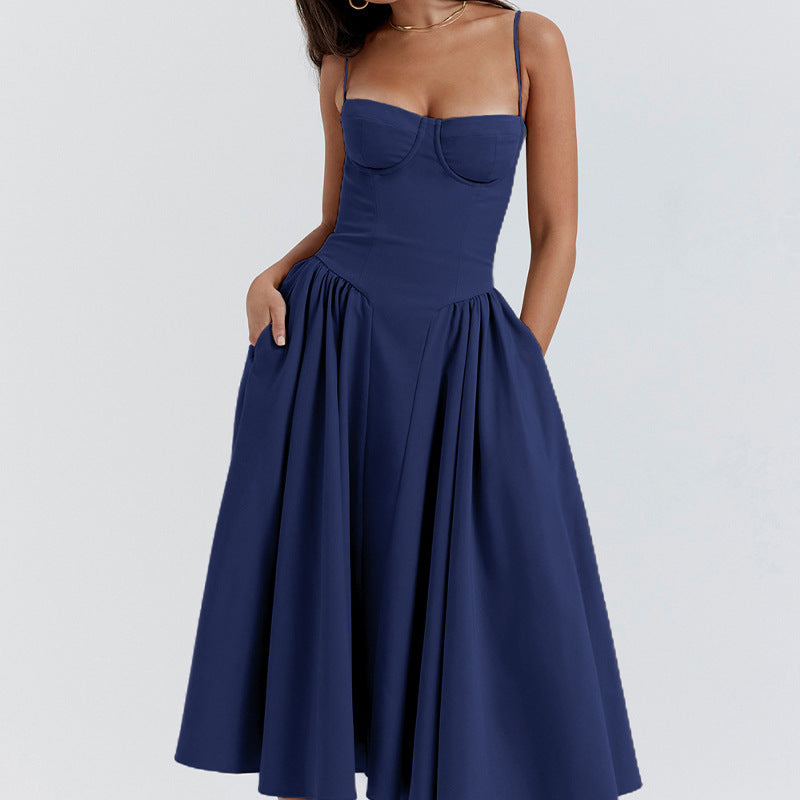Damen Midikleid mit trägerlosem Design und voluminösem Faltenrock Sovae