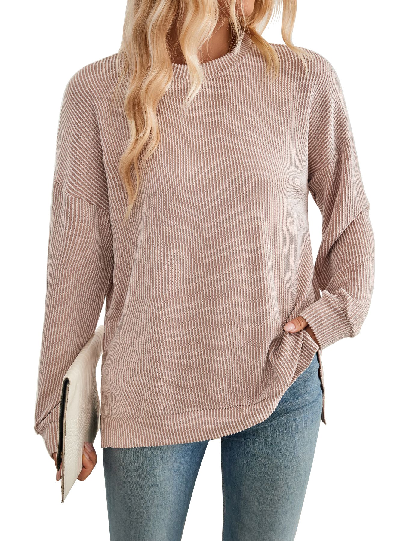 Damen lässiger Rippstrickpullover mit überschnittenen Schultern und Seitenschlitzen Sovae