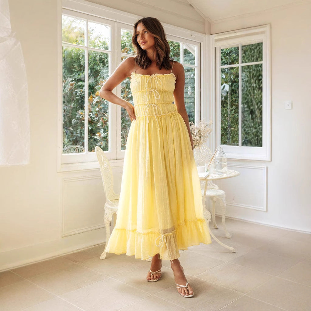 Damen luftiges Maxikleid mit verstellbaren Spaghettiträgern und Rüschendetails Sovae