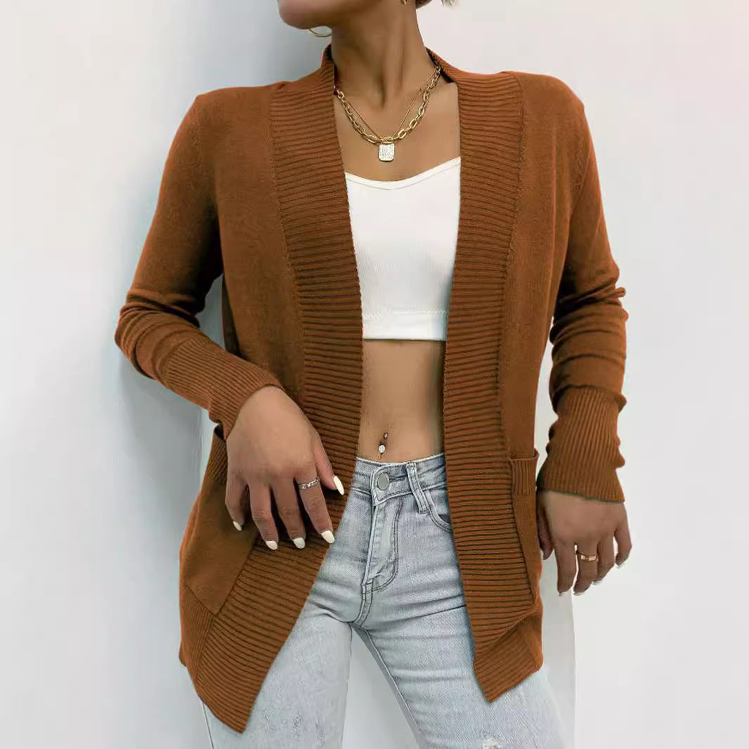 Damen lässiger Strickcardigan mit aufgesetzten Taschen und offenem Schnitt Sovae