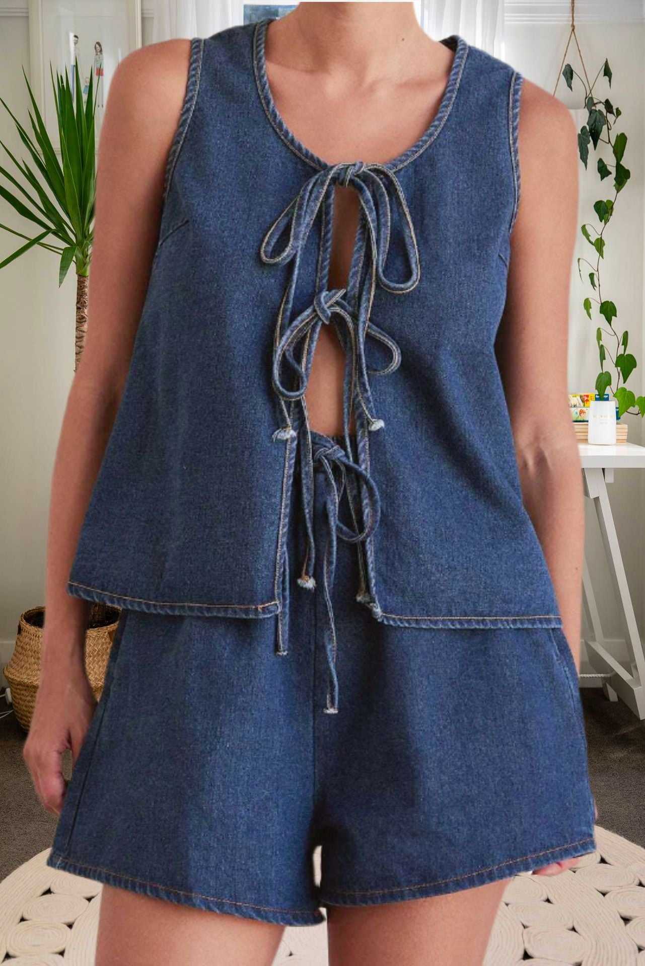 Damen Denim-Shorts-Set mit elegantem Krawattenverschluss und lässigem Schnitt Sovae