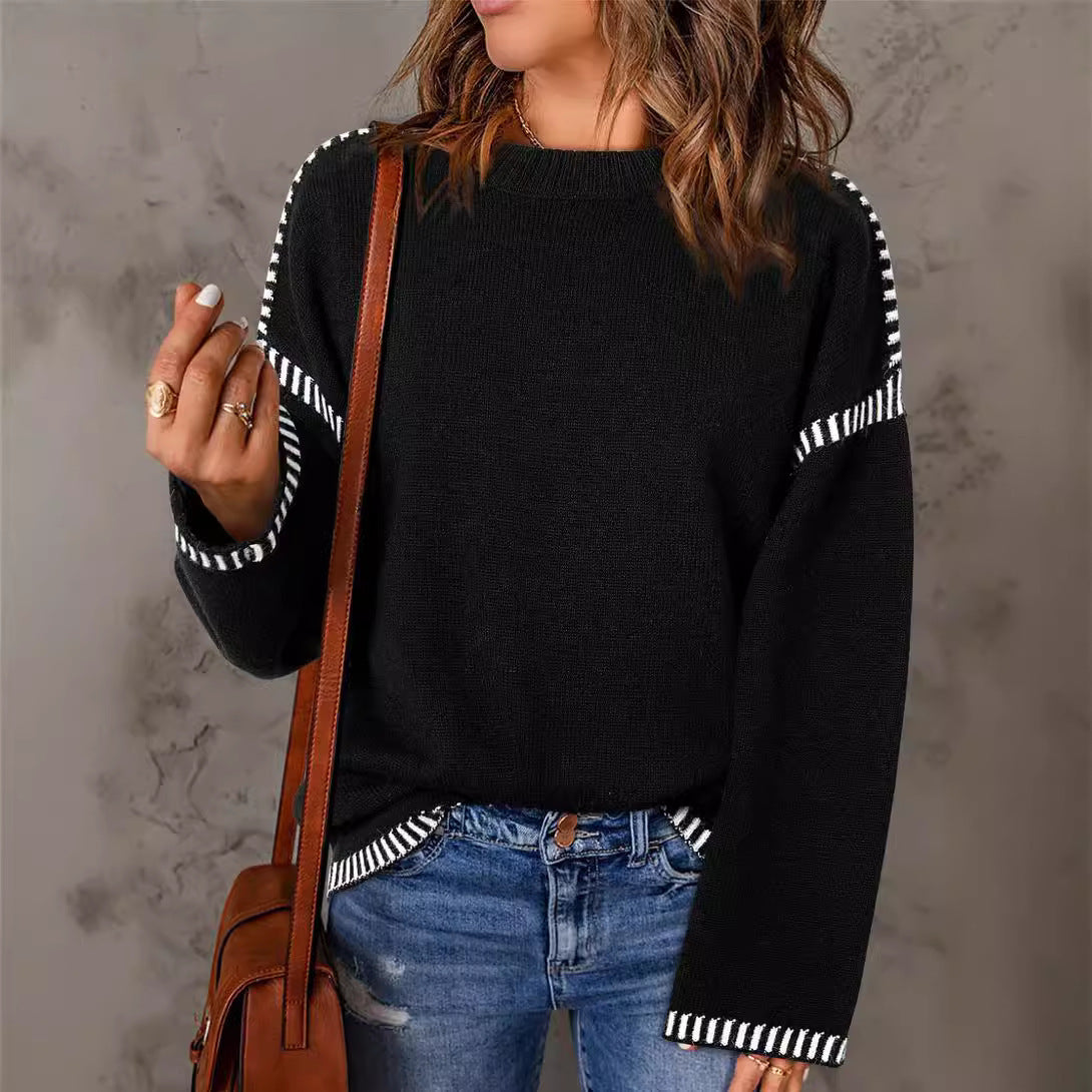 Damen lässiger Strickpullover mit kontrastierenden Bündchen und lässigem Schnitt Sovae