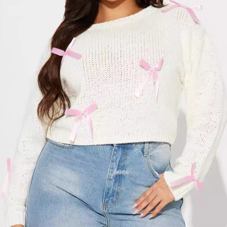 Damen Süßer Strickpullover mit Schleifen-Applikationen Sovae