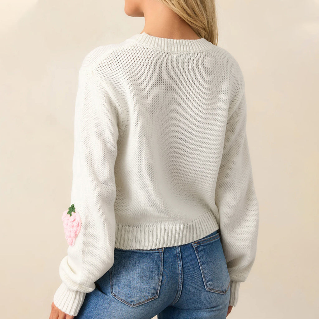 Damen Strickpullover mit Erdbeer-Applikationen und lässigem Schnitt Sovae