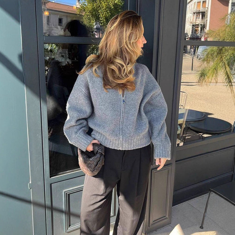 Damen modische Strickjacke mit Reißverschluss und gemütlichem Schnitt Sovae