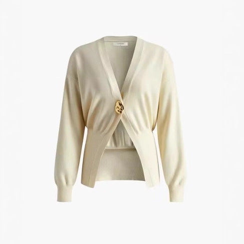 Damen elegante Strickjacke mit tiefem V-Ausschnitt und Knopfdetail Sovae