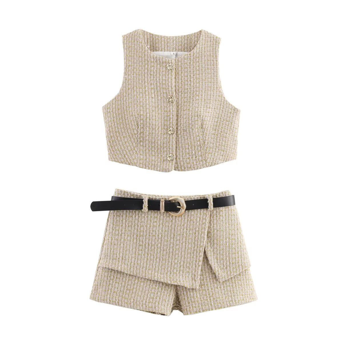 Damen Tweed-Shorts-Set mit tailliertem Oberteil und Gürtel Sovae
