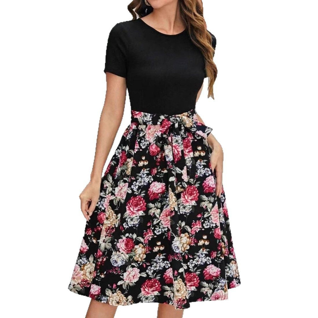 Damen Floral Midi Kleid mit tailliertem Design und breitem Rock Sovae