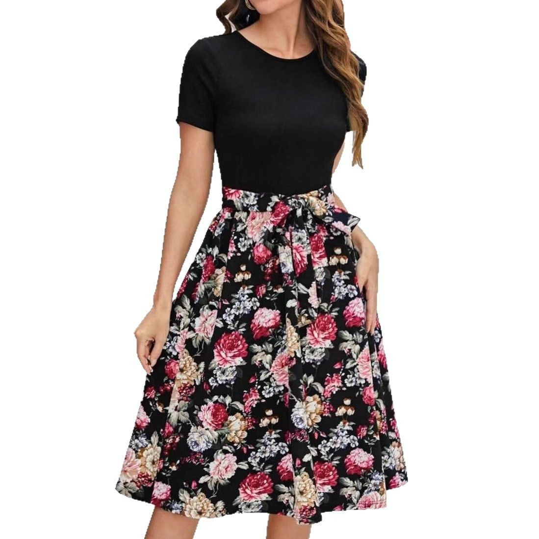 Damen Floral Midi Kleid mit tailliertem Design und breitem Rock Sovae