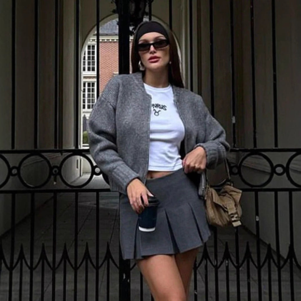 Damen modische Strickjacke mit hohem Kragen und Reißverschluss Sovae