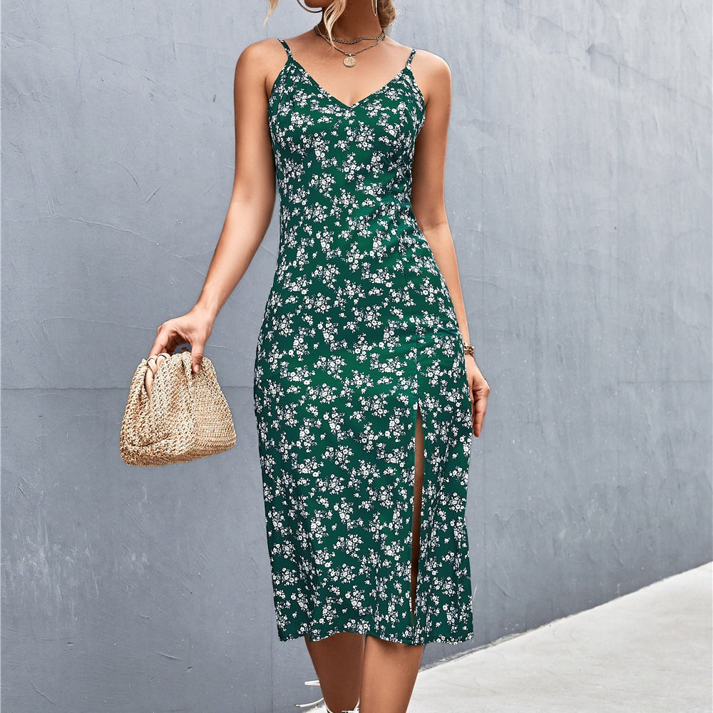 Damen Midi-Kleid mit floralem Design und eleganter Schlitz-Detailierung Sovae